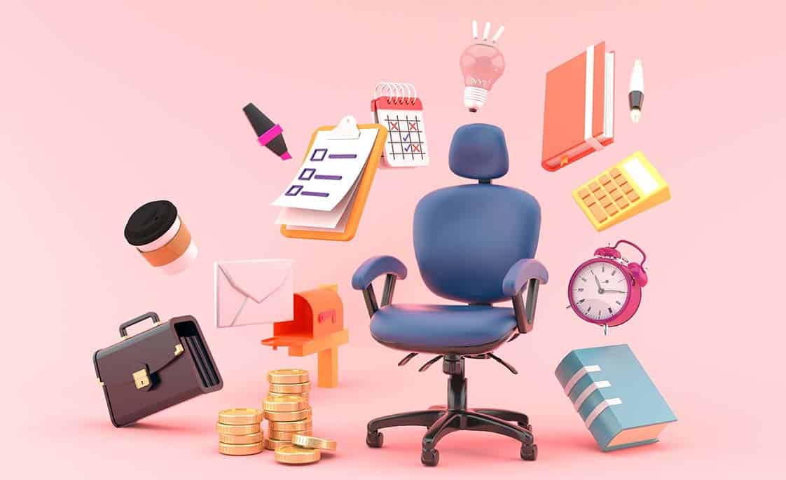 Collage de una silla de oficina con objetos alrededor: con un libro, dinero, buzón, un maletín, un café, una lista, un calendario...