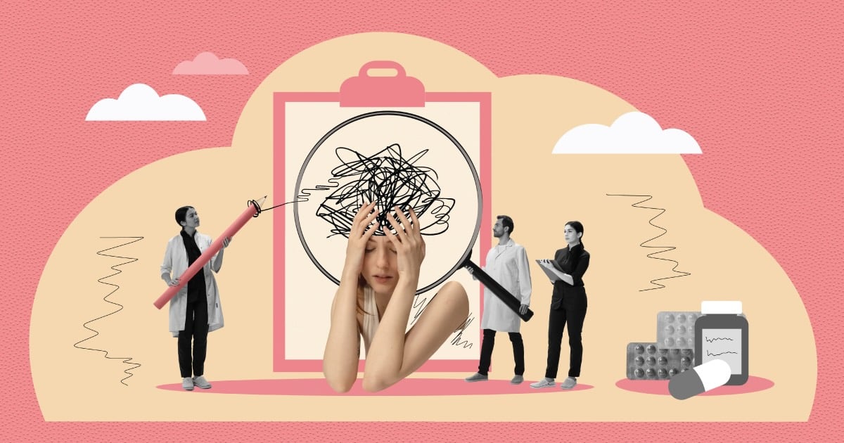 mujer con problemas de salud mental y personas alrededor