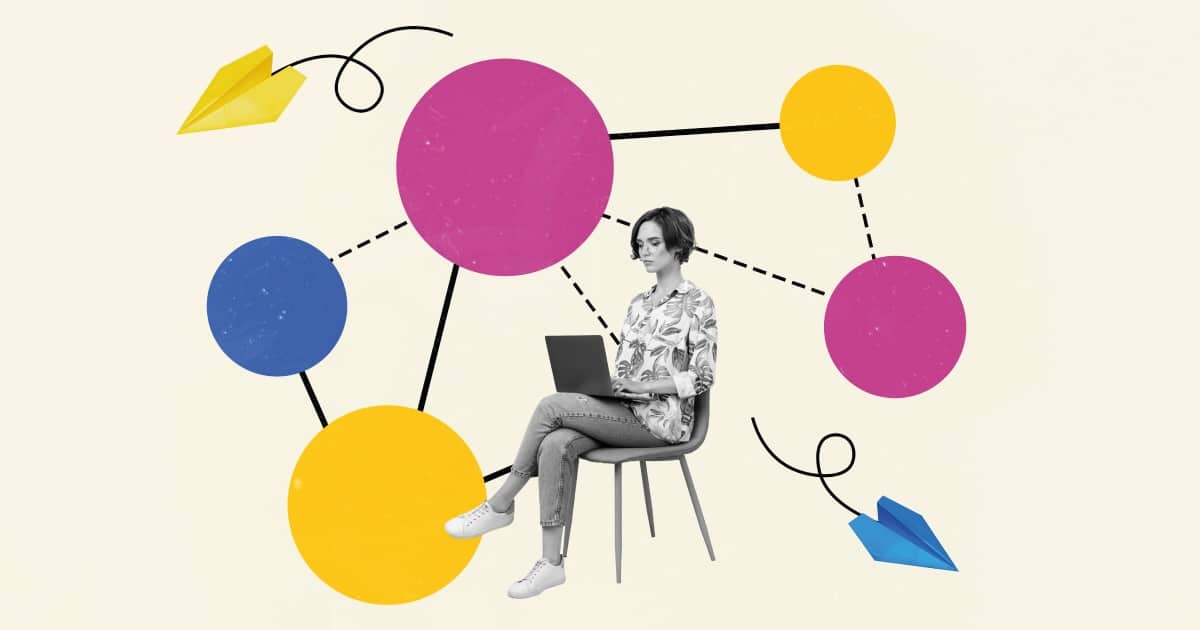 chica sentada con varios puntos interconectados a su alrededor